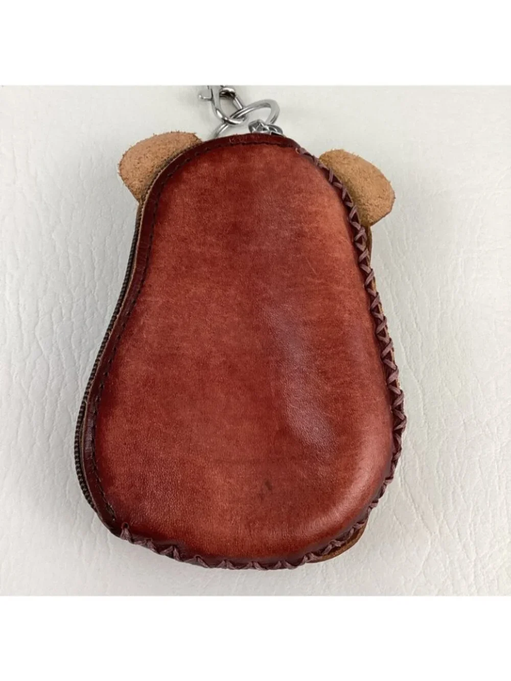 Hand Tooled Leather 3D Bear Coin Purse Wristlet Wallet Keychain Zip Around - Picture 8 of 10